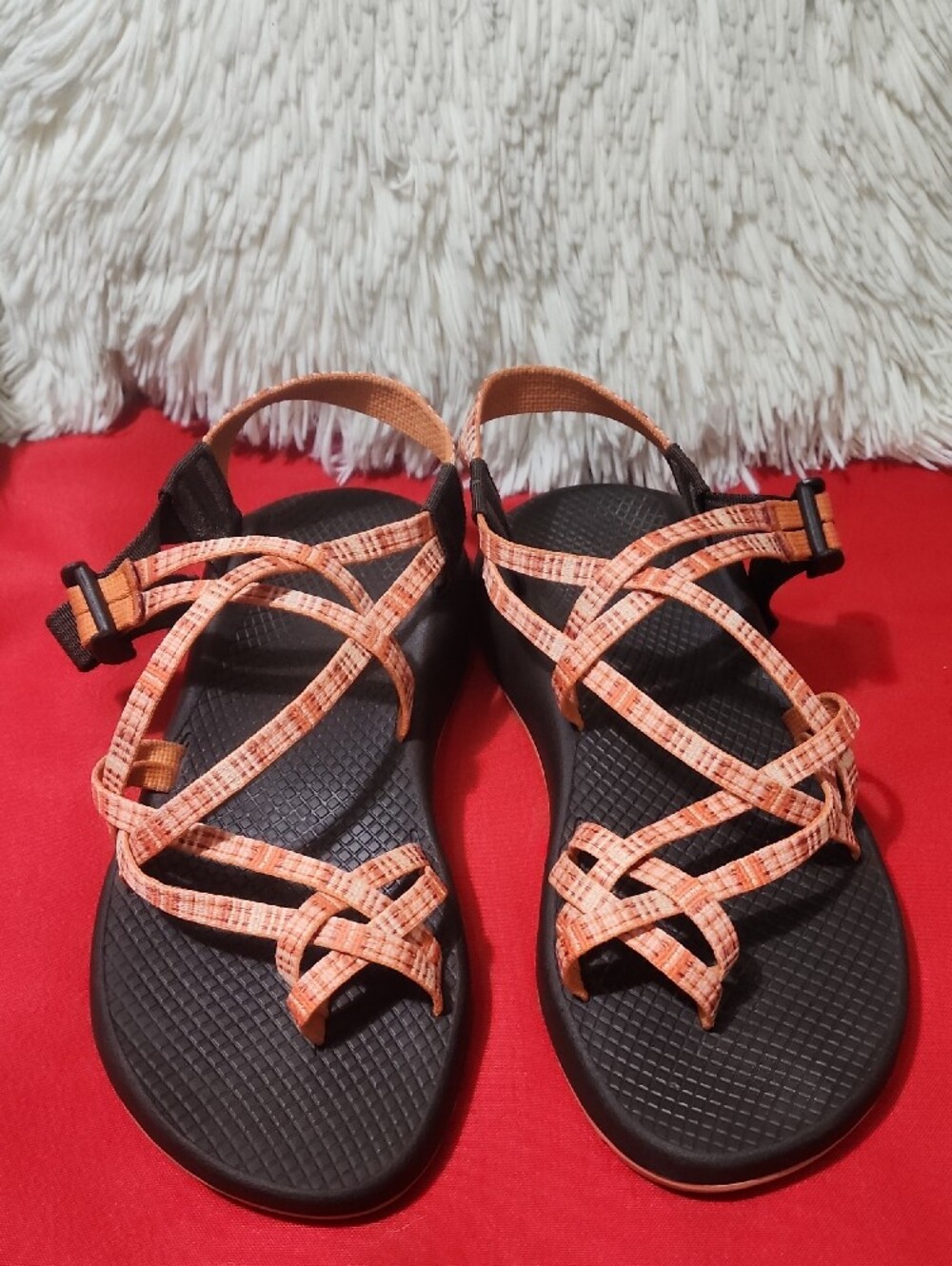 Chaco Women's Strappy Sandals in Coral Orange and Brown